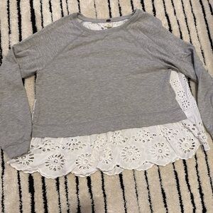 Gray and White Lace Hem Sweater